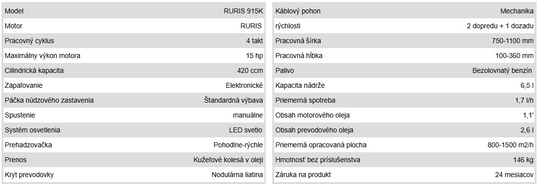 RURIS profesionálny kultivátor 915K technicke parametre